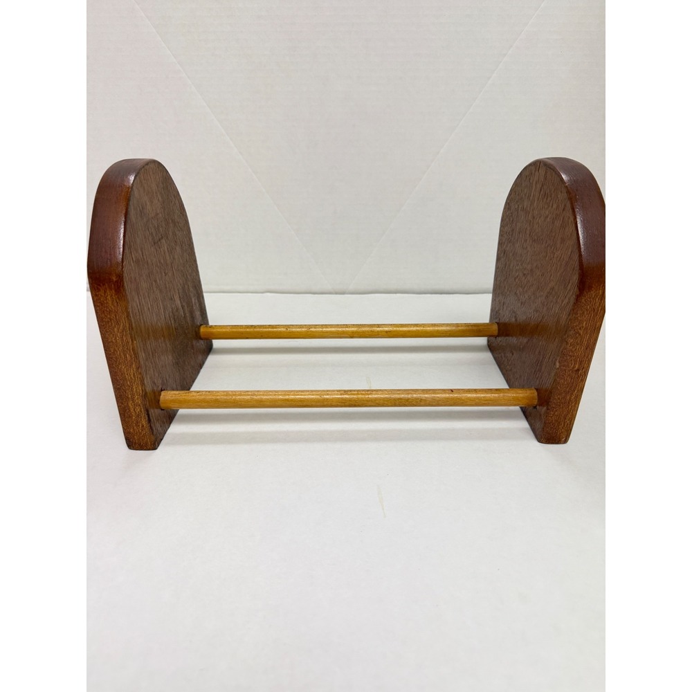 Vintage Mid Century Wood Desktop Book Rack Arched End Bookends Organizer